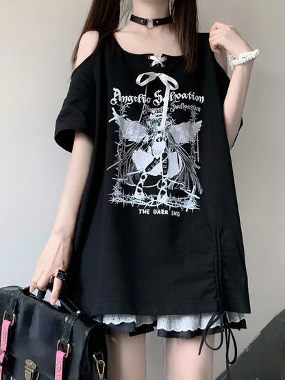 Off Shoulder Strapless O Neck White Angel T-shirts Letter Print Lace Up Short Sleeve Tshirts Women Loose Casual Long Tee Y2k