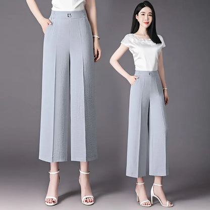 Fashion Women's Loose Leg Pants - Streetwear Korean Clothing (All-match Casual High Waist Solid Cropped Trousers)