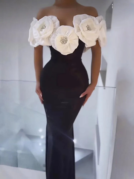 Women Celebrity Sexy Off Shoulder Flower Diamonds Black Maxi Long Bodycon Bandage Dress 2024 Elegant Evening Club Party Dress