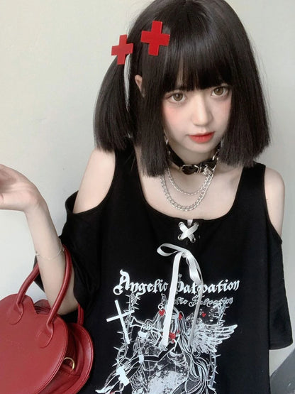 Off Shoulder Strapless O Neck White Angel T-shirts Letter Print Lace Up Short Sleeve Tshirts Women Loose Casual Long Tee Y2k