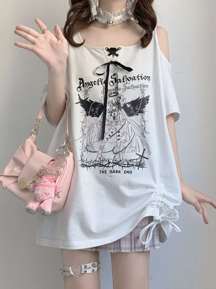 Off Shoulder Strapless O Neck White Angel T-shirts Letter Print Lace Up Short Sleeve Tshirts Women Loose Casual Long Tee Y2k