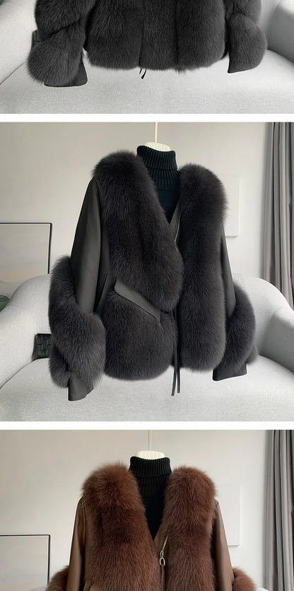 Real Fur Coat Winter Jacket - Women's Natural Fox Fur, Leather Outerwear/Streetwear Locomotive Thick Warm New