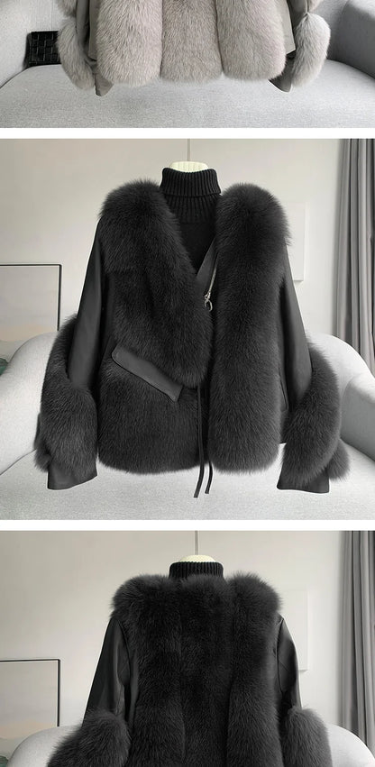 Real Fur Coat Winter Jacket - Women's Natural Fox Fur, Leather Outerwear/Streetwear Locomotive Thick Warm New