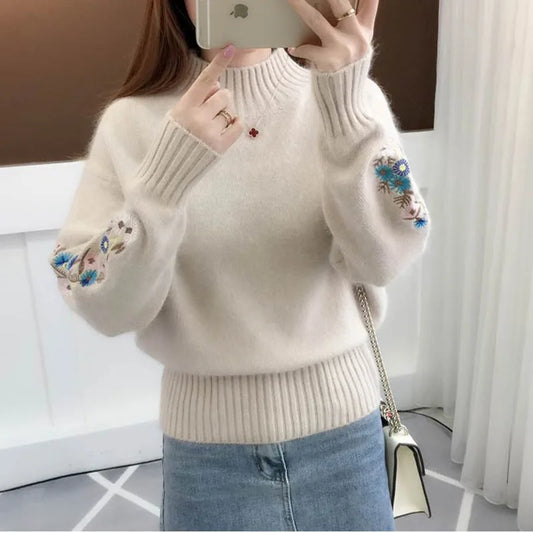 Fashion Solid Color Embroidery Sweater - Women's New Loose Pullovers All-match Korean Tops