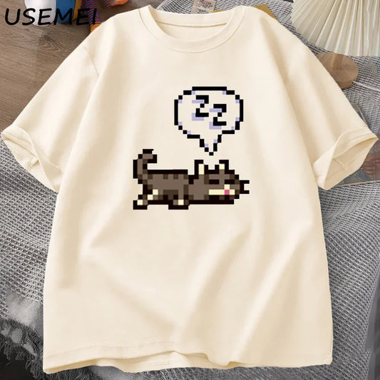 Stardew Valley Sleeping Cat Sploot Graphic T Shirts Men Casual Funny Short Sleeve T-shirt Unisex Cotton Tees Men's Clothing