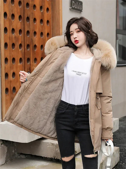 Winter Coat Low Price On Sale Women Beige Add Wool Thick Warmth Fur Hooded Parkas Jacket 2023 New Fashion Belt Slim Cotton Coat