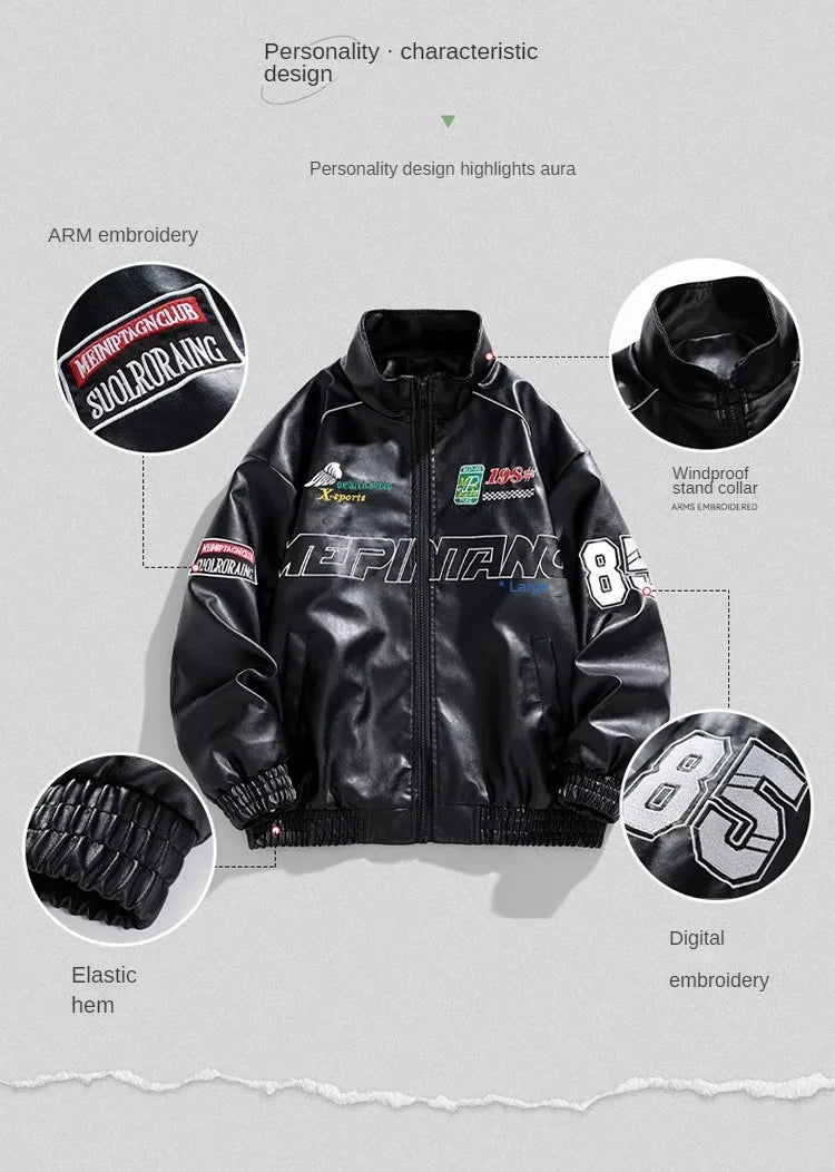 Mens Leather Jacket Pu Letter Embroidery Motorcycle Jacket Retro Hip Hop Windbreaker Biker Coat Street Fashion Black White Green