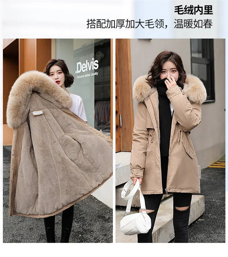 Winter Coat Low Price On Sale Women Beige Add Wool Thick Warmth Fur Hooded Parkas Jacket 2023 New Fashion Belt Slim Cotton Coat