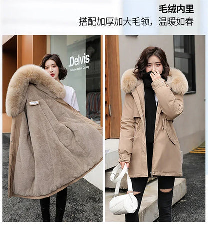 Winter Coat Low Price On Sale Women Beige Add Wool Thick Warmth Fur Hooded Parkas Jacket 2023 New Fashion Belt Slim Cotton Coat