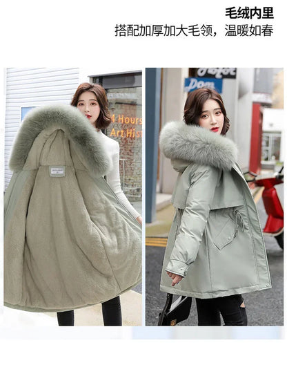 Winter Coat Low Price On Sale Women Beige Add Wool Thick Warmth Fur Hooded Parkas Jacket 2023 New Fashion Belt Slim Cotton Coat