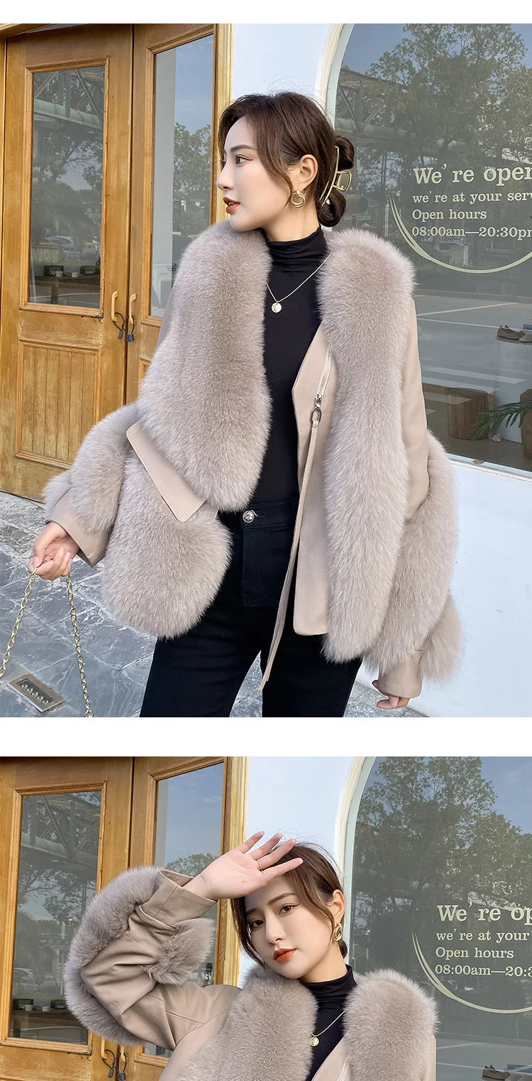 Real Fur Coat Winter Jacket - Women's Natural Fox Fur, Leather Outerwear/Streetwear Locomotive Thick Warm New