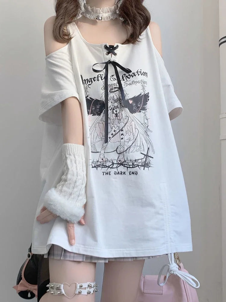 Off Shoulder Strapless O Neck White Angel T-shirts Letter Print Lace Up Short Sleeve Tshirts Women Loose Casual Long Tee Y2k